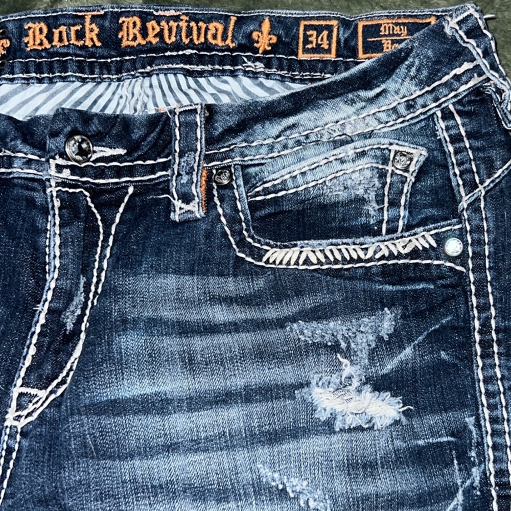 ROCK REVIVAL 🎸 THICK STITCH MAY BOOTCUT DESTROYED DISTRESSED JEANS Women 34 W38” - Picture 8 of 16